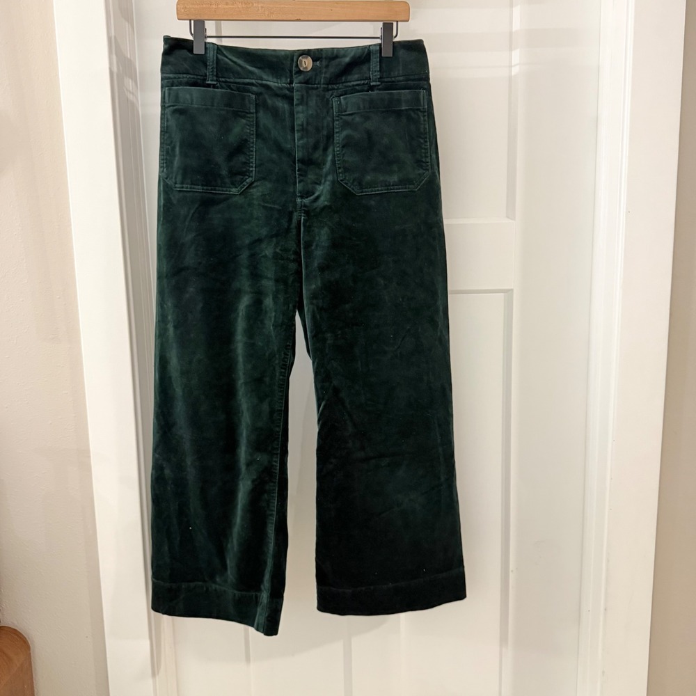 Maeve The Colette Velvet Wide Leg Pants Forest Green Size 30 High Rise Cropped
